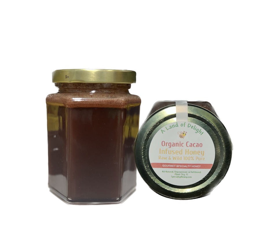 Specialty Gourmet Honey: Organic  Infused Cacao Raw Honey - 12oz Jar