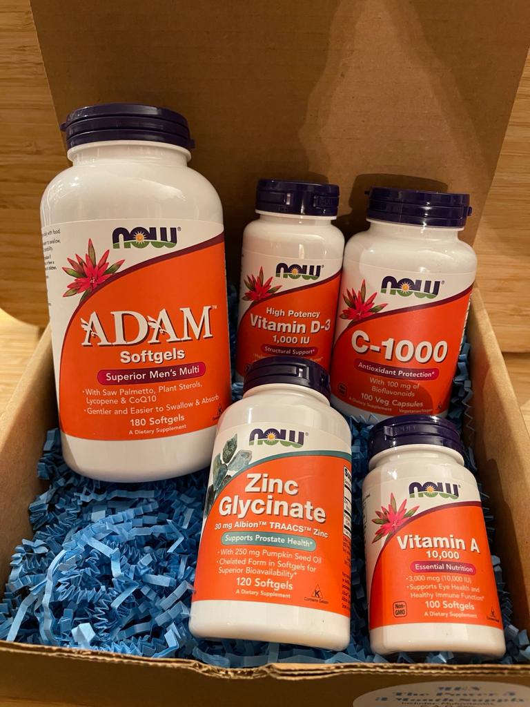 Picture of the Men's - Power 5 - Multivitamin, C, A,D & Zinc - 3 Month Supply Bundle in Gift Box with Blue crinkle paper fill