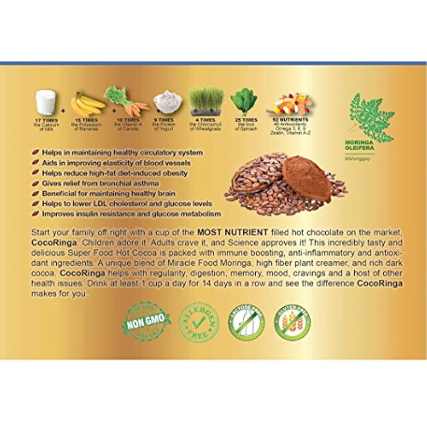 COCORINGA Moringa Hot Chocolate Cacao First Natural Keto Instant Non-dairy Hot Cocoa Back of Box