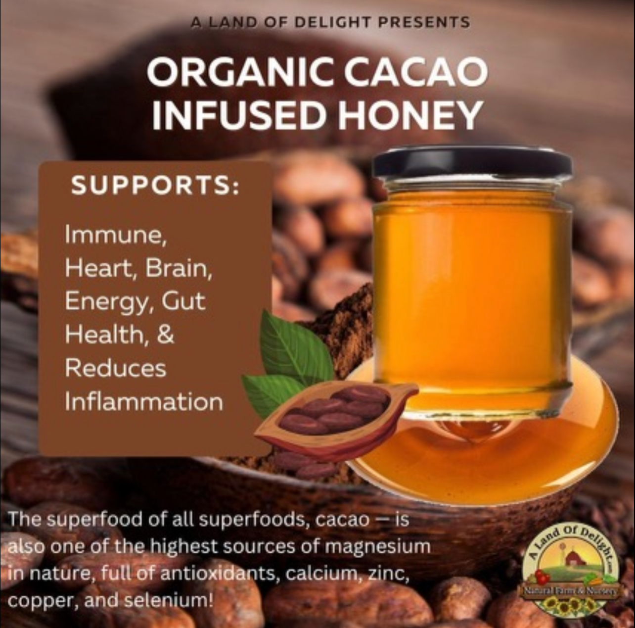 Specialty Gourmet Honey: Organic  Infused Cacao Raw Honey - 12oz Jar