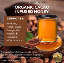 Load image into Gallery viewer, Specialty Gourmet Honey: Organic  Infused Cacao Raw Honey - 12oz Jar
