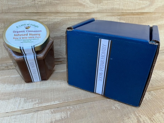 Specialty Gourmet Honey: Organic Ceylon Cinnamon Infused Raw Honey - 12oz Jar with Blue Gift Box