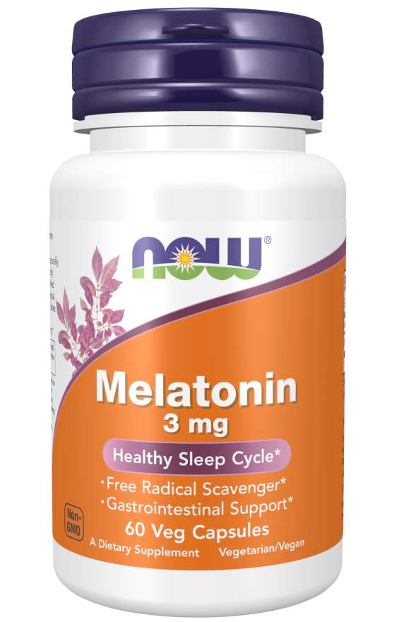 Picture of Now Brand Vitamin Bottle of Melatonin 3 mg - 60 Veg Capsules for  Healthy Sleep Cycle*