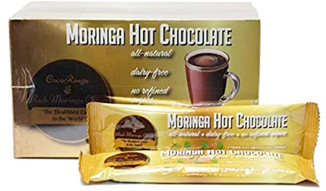 COCORINGA Moringa Hot Chocolate Cacao First Natural Keto Instant Non-dairy Hot Cocoa Box with Packet Beside it